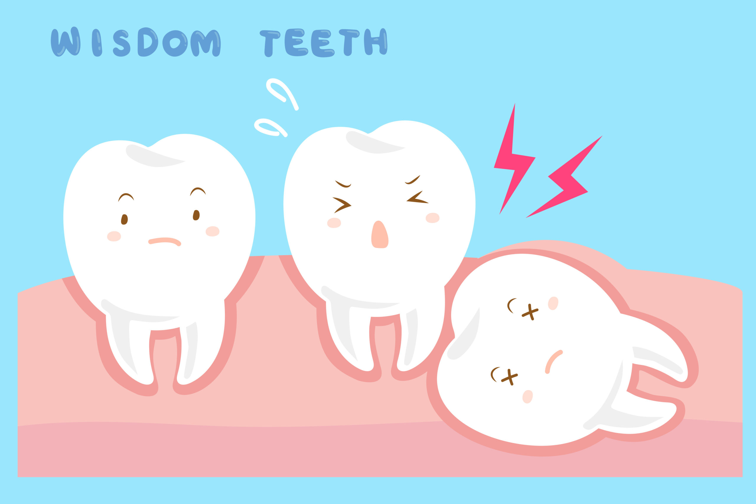 A cartoon of three teeth with different expressions.
