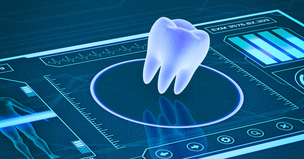 A tooth is shown on the screen of an interactive display.