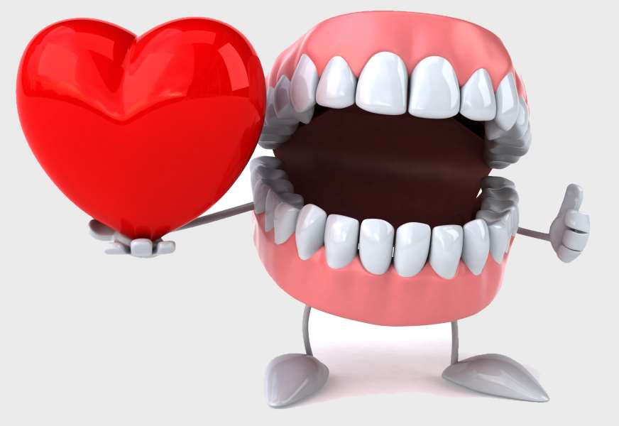 A cartoon mouth holding a heart with teeth.